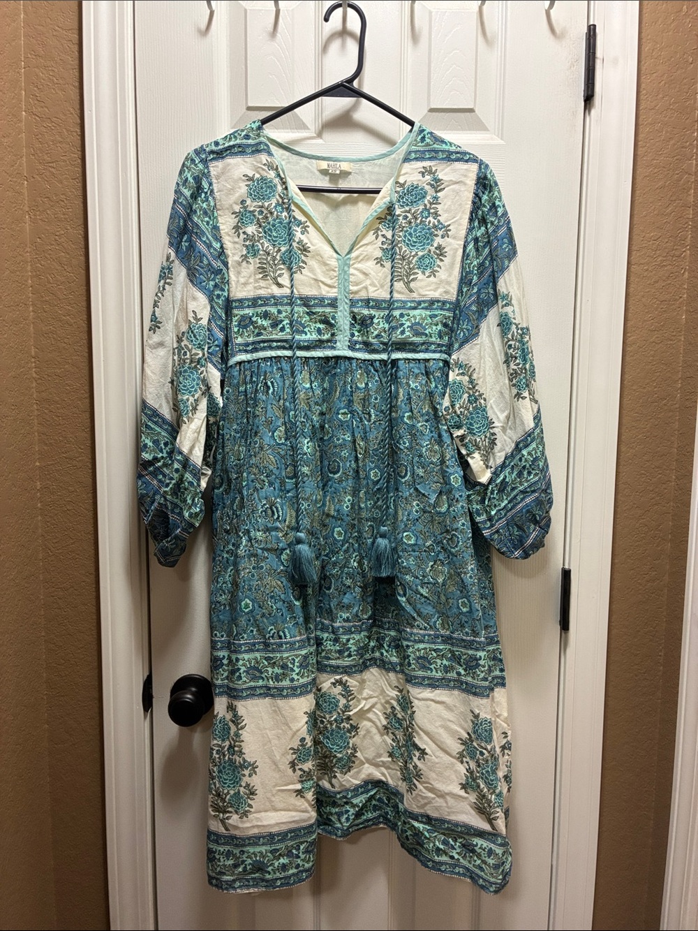 Mahila Boho Floral Teal & Cream Embroidered V-Neck Dress 100% cotton